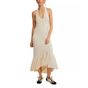 Free People Beach Alix Maxi Dress deep V halter, Open Back Sz XL Resort Summer